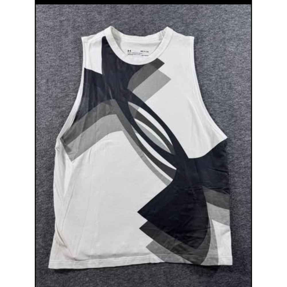 Under Armour Womens HeatGear Muscle Tank Top White Graphic Logo Loose Fit- Small